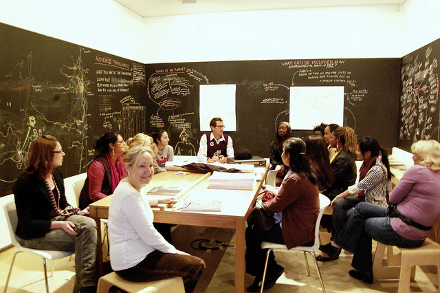 Lucas Ihlein discusses ecological ethics with a visiting TAFE group, Environmental Audit, MCA, Sydney, 2010.